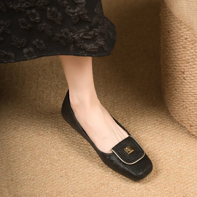 Uveng Uveng Good Wear French Retro Soft Leather Single Shoes Women's New Chinese National Style Square Head Low Heel Flat Shoes With Skirt Shallow Mouth Shoes