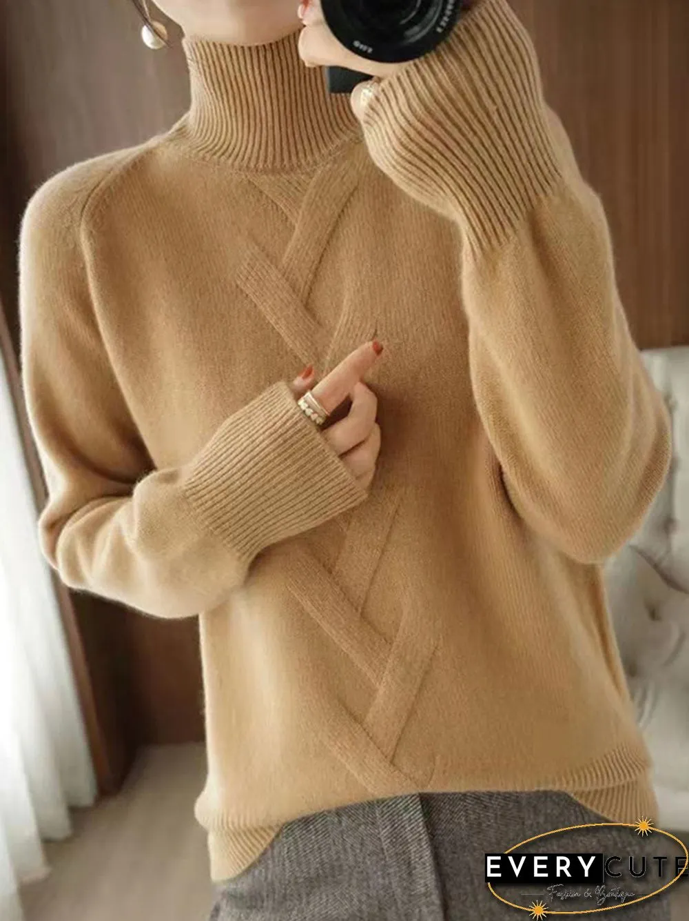 Casual Loose Long Sleeves Solid Color High-Neck Sweater Tops