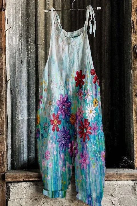 Brownm Summer Slub Linen Vintage Print Wide Dresses