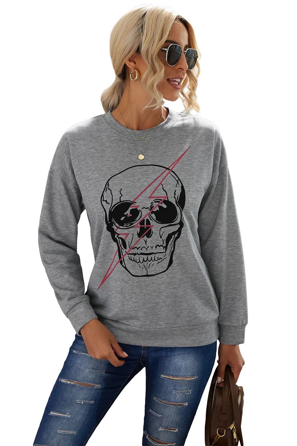 Gray Skull Graphic Sweatshirt