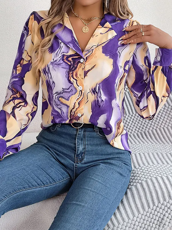 Printed Notched Long Sleeve Blouse main image 1