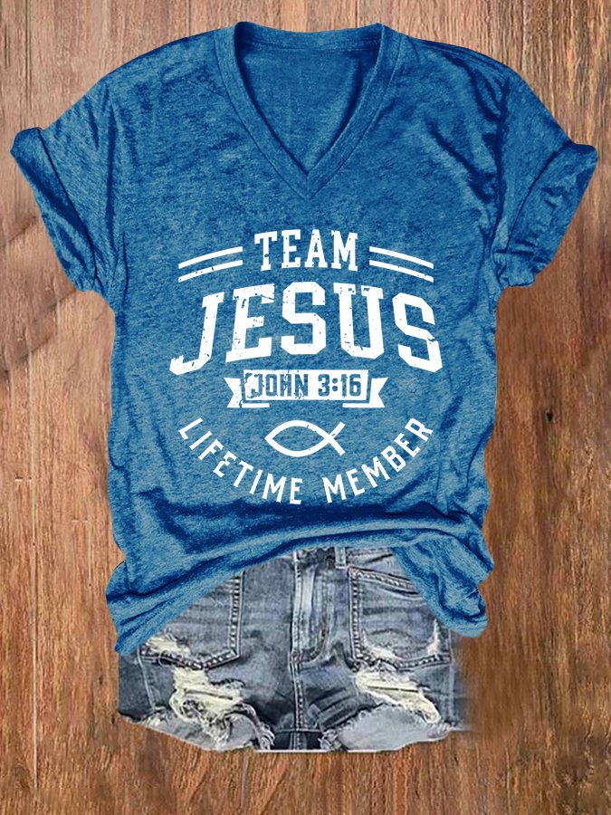 V-Neck Retro Team Jesus John 3:16 Lifetime Member Printed T-Shirt