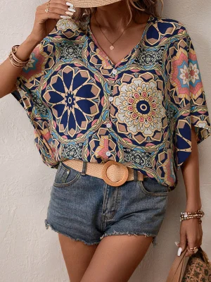 Image of Flower Print Buttoned Three-Quarter Sleeves Loose V-Neck Blouses&Shirts Tops