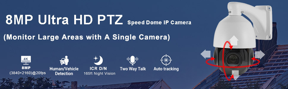 8MP Outdoor PTZ IP Camera Dome with Built-in Mic,4X Optical Zoom 16x  Digital Zoom Pan Tilt with 165ft IR Night Vsion,Human/Vehicle