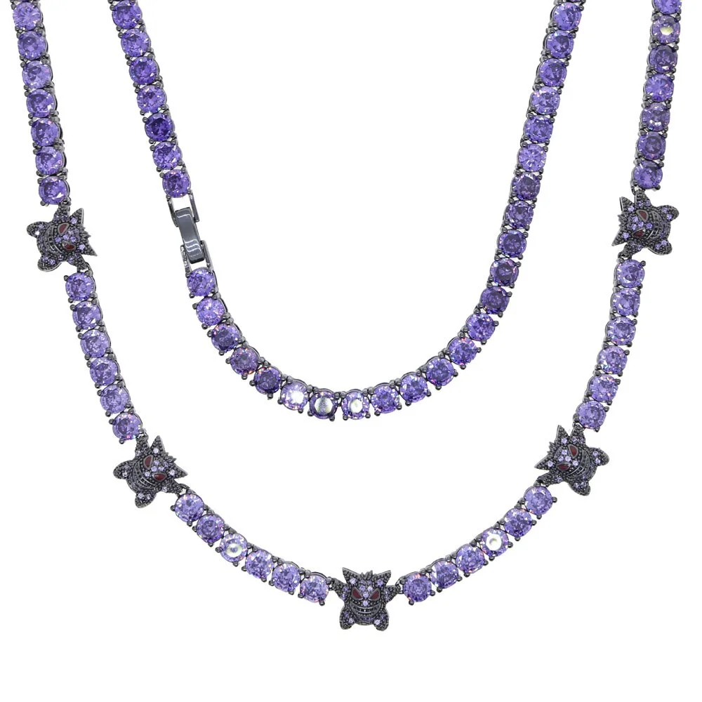 Classic Iced Out Bling Necklace Purple 5mm Tennis Chain Hip Hop Cool Boy Necklace-VESSFUL