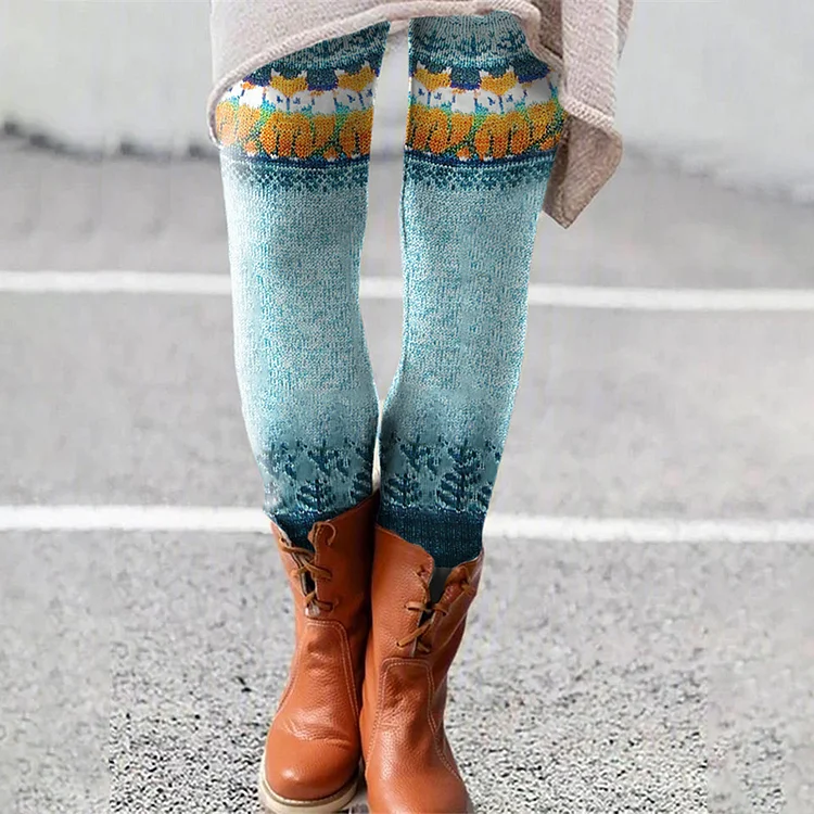 Comstylish Vintage Fox Jacquard Contrast Knitted Leggings