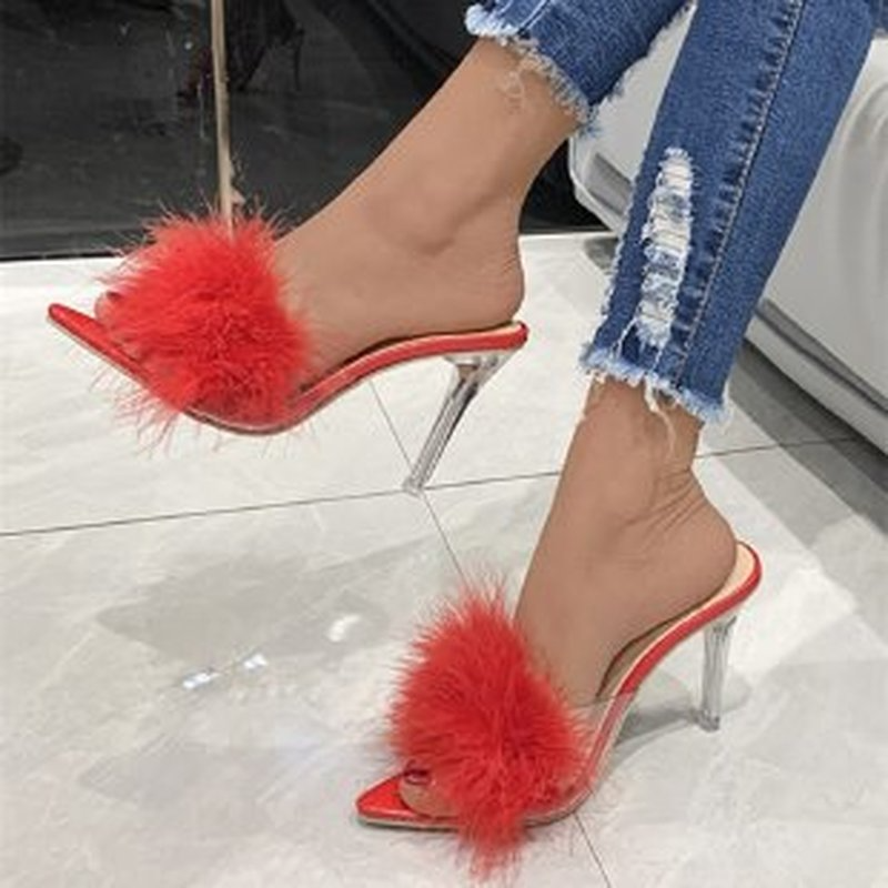 Ragparams popular women's shoes 2025 New Summer High-heeled Plus Size Sandals and Slippers Women Fine-heeled Suede Furry Pointed Toe Fashion Women's Shoes
