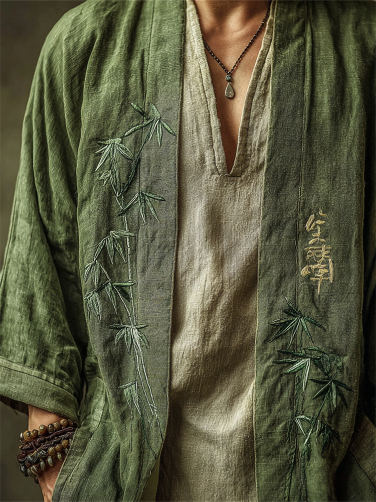 Men's Vintage Japanese Bamboo Embroidered Linen Kimono Cardigan  artssus