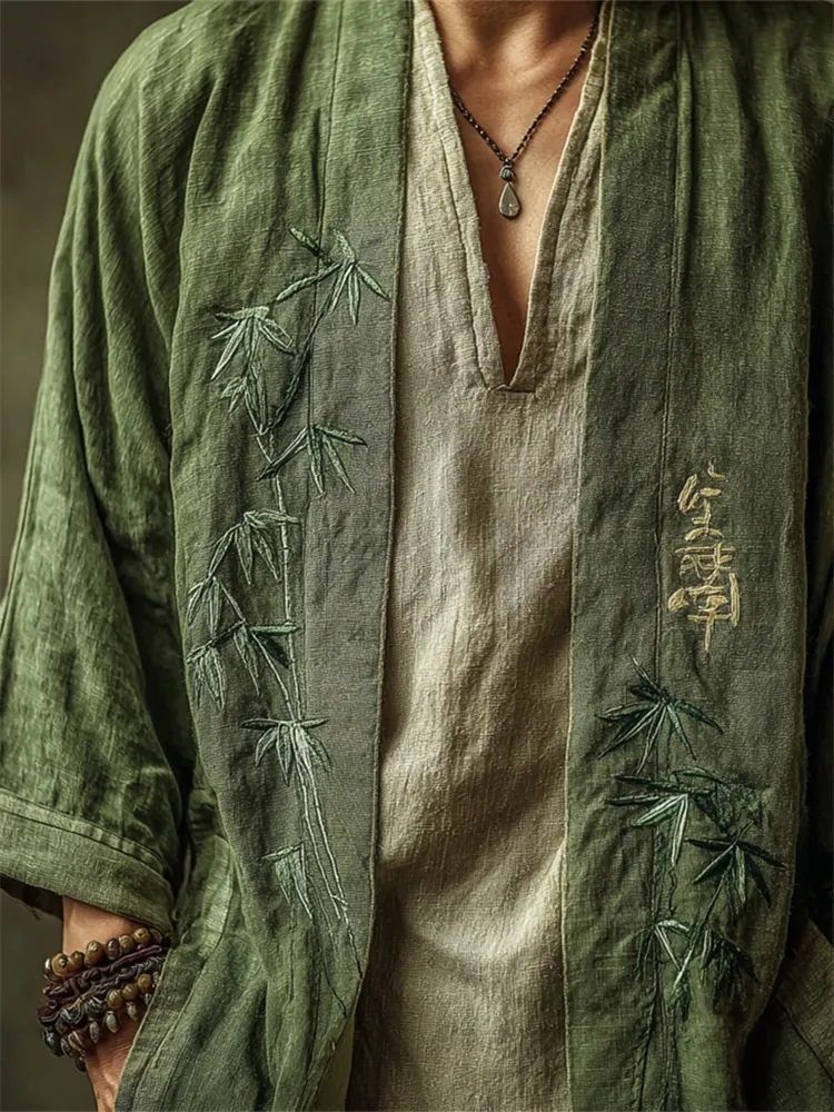 Men's Vintage Japanese Bamboo Embroidered Linen Kimono Cardigan