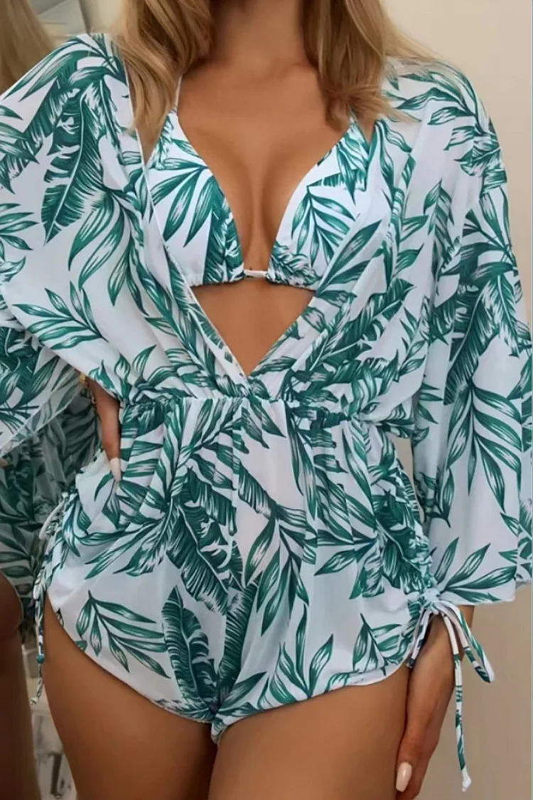 Tropical Print Romper Halter Bikini Three-Piece Swimsuit Matching Set
