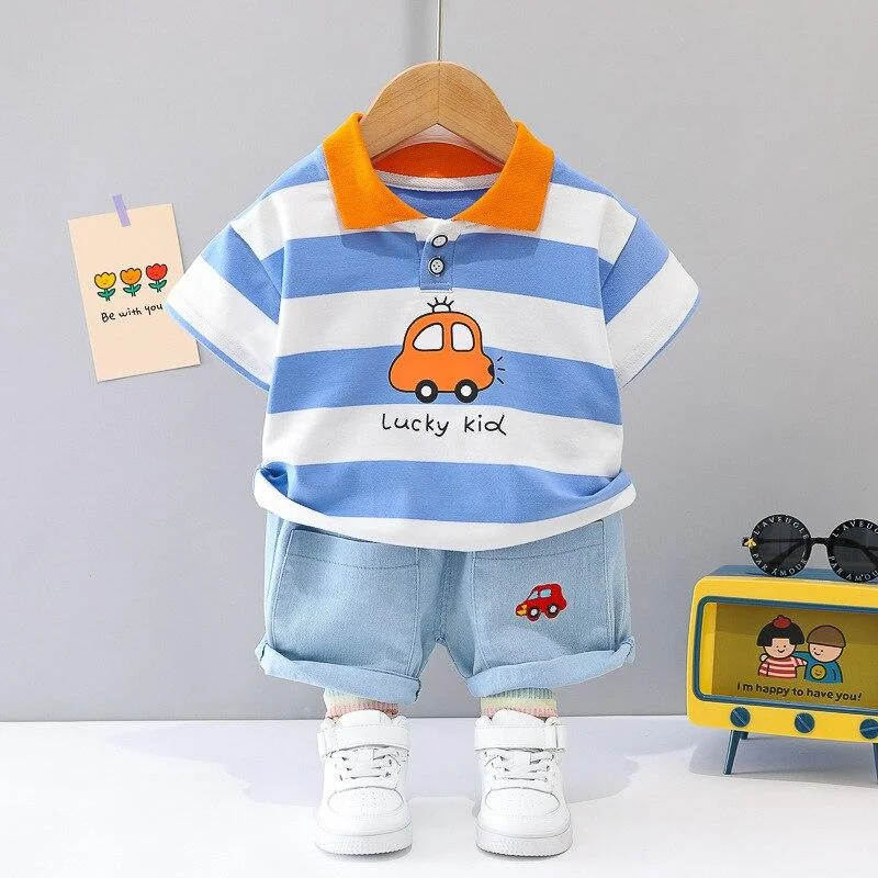 Toddler Baby Sets Kids Clothes Boys Summer Kits Fashion Stripes Cartoon Car Short Sleeve Casual Children Costume 1 2 3 4 Years