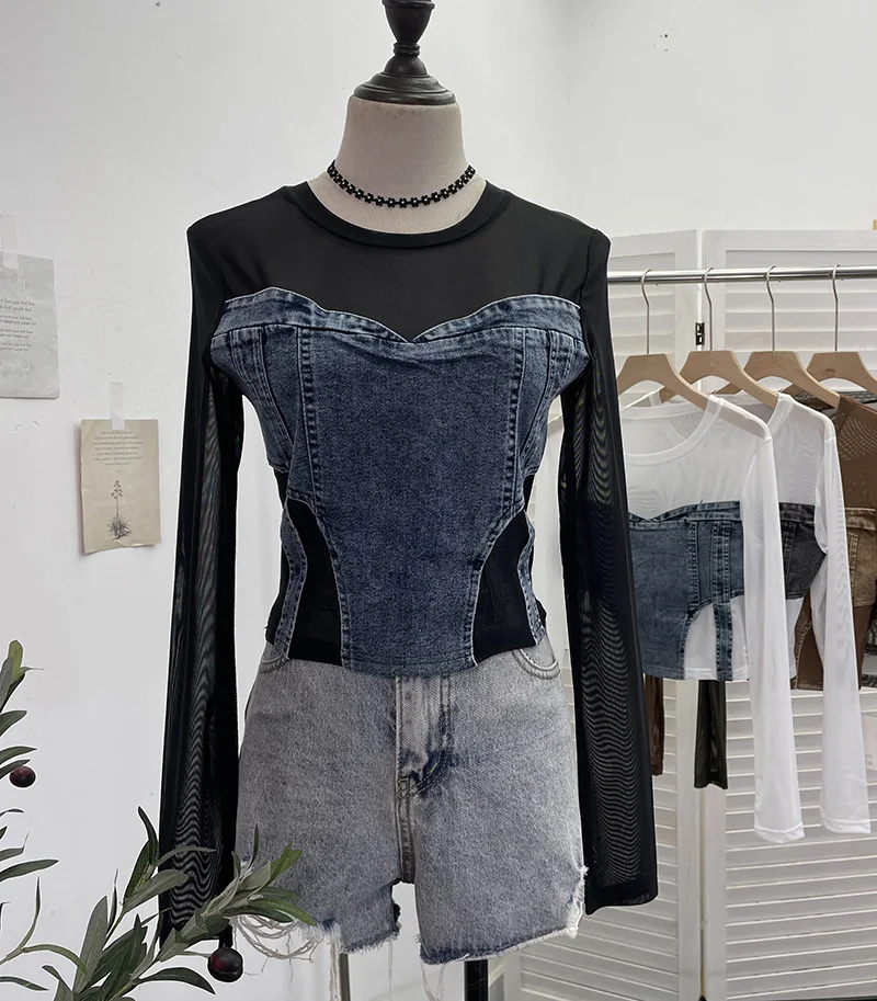 Uveng Spice Girls Design Sense Net纱 Stitched With Denim Blouse Long-Sleeved Bottom Shirts To Dress Short Niche T-Shirt 2633