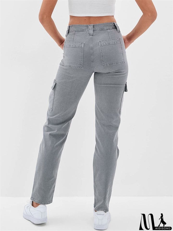 MidiSono - Women's Casual Washed Effect Multi-Pockets Button Grey Cargo Pants
