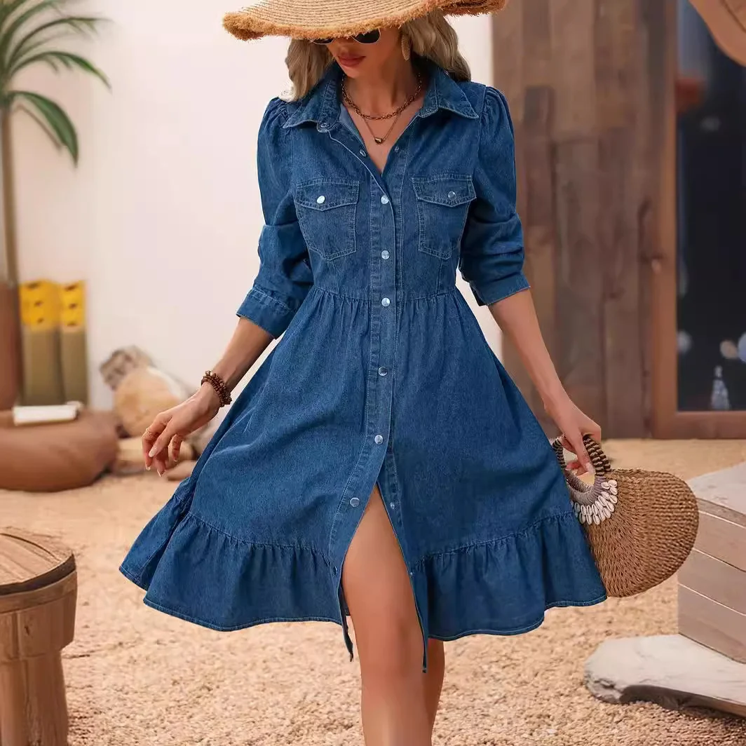 Women‘s Lapel Long-sleeved Splicing Casual Denim Dress
