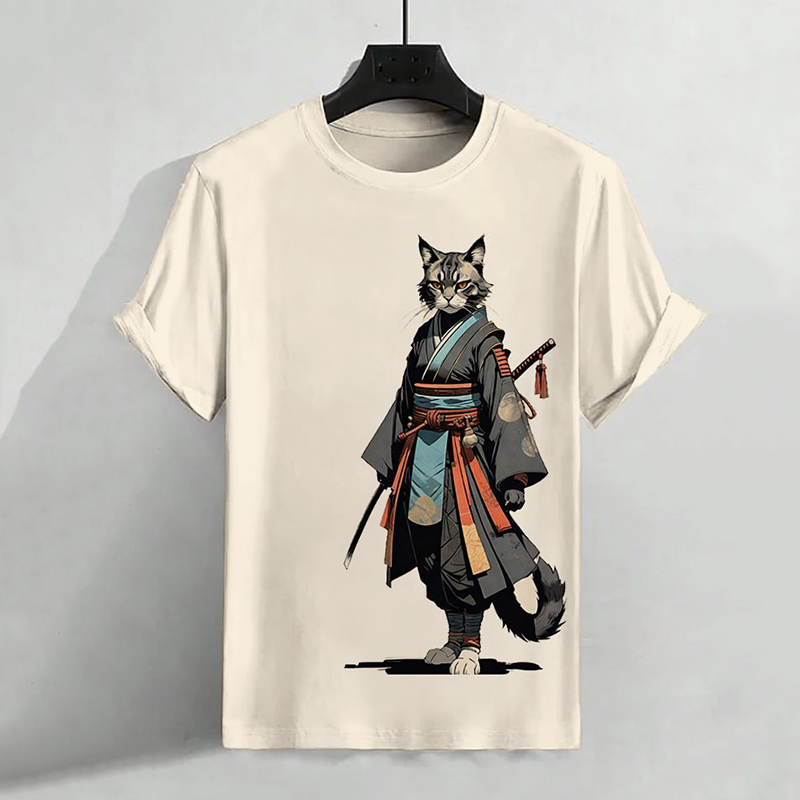 Comstylish Men'S Samurai Cat Printed Cotton Casual T-Shirt