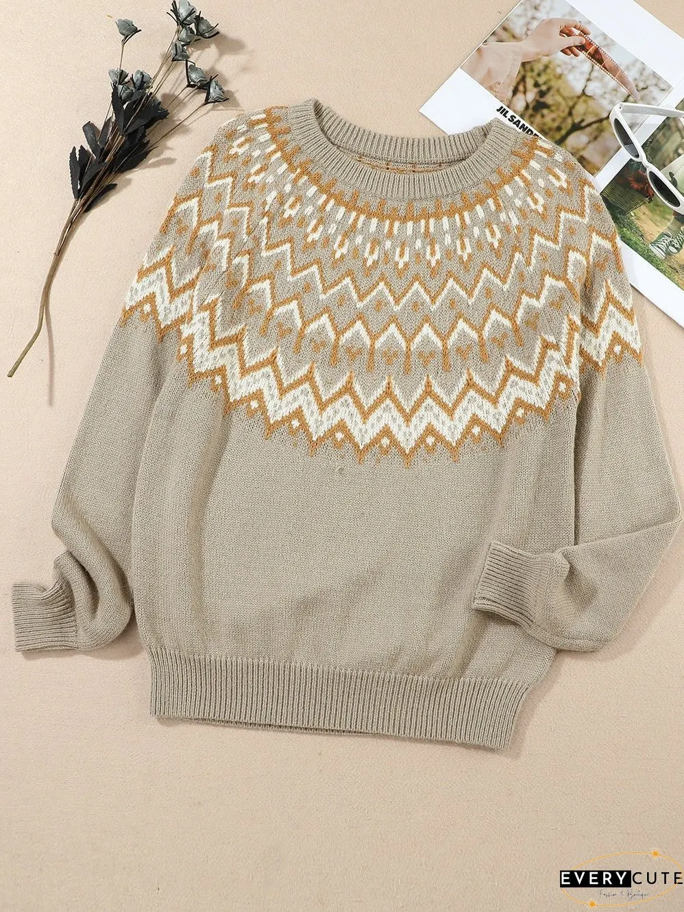 Cozy Gray Geometric Knit Round Neck Sweater