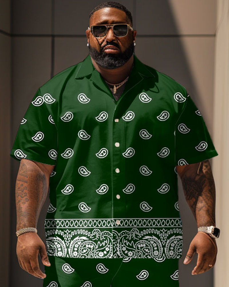 Men's Plus Size Casual Vacation Vintage Green Paisley Print Shirt Shorts Set