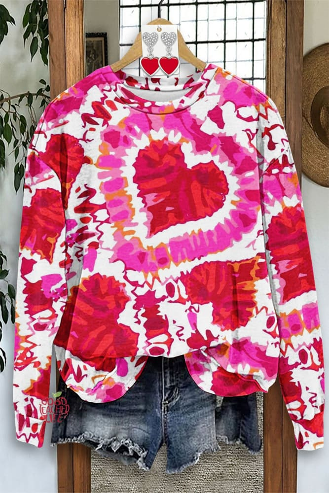Valentine's Day Tie Dye Heart Patter Pattern Crew Neck Sweatshirt