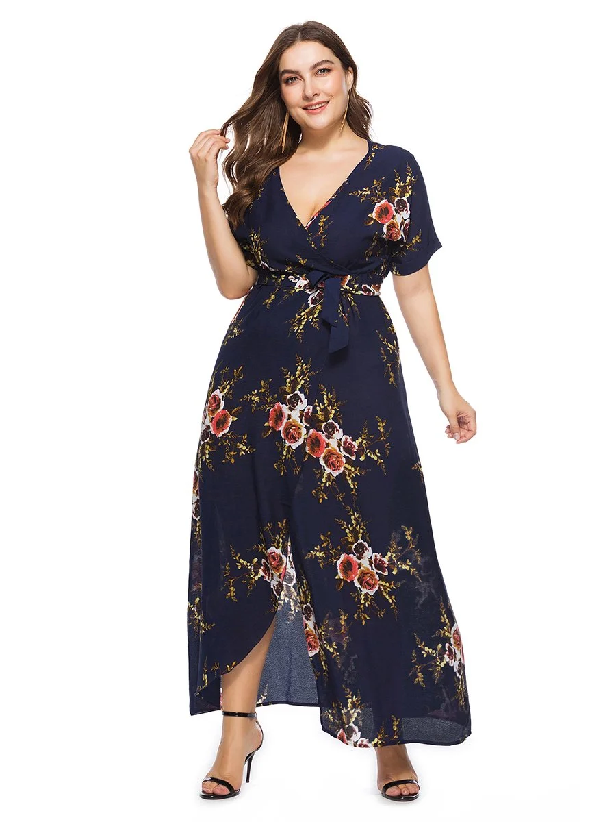 Plus Size Dress V Neck Split Elegant Maxi Long Beach Dress