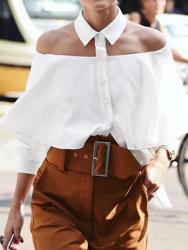 Fashion Solid Color Off Shoulder Spliced Long Sleeve Blouse