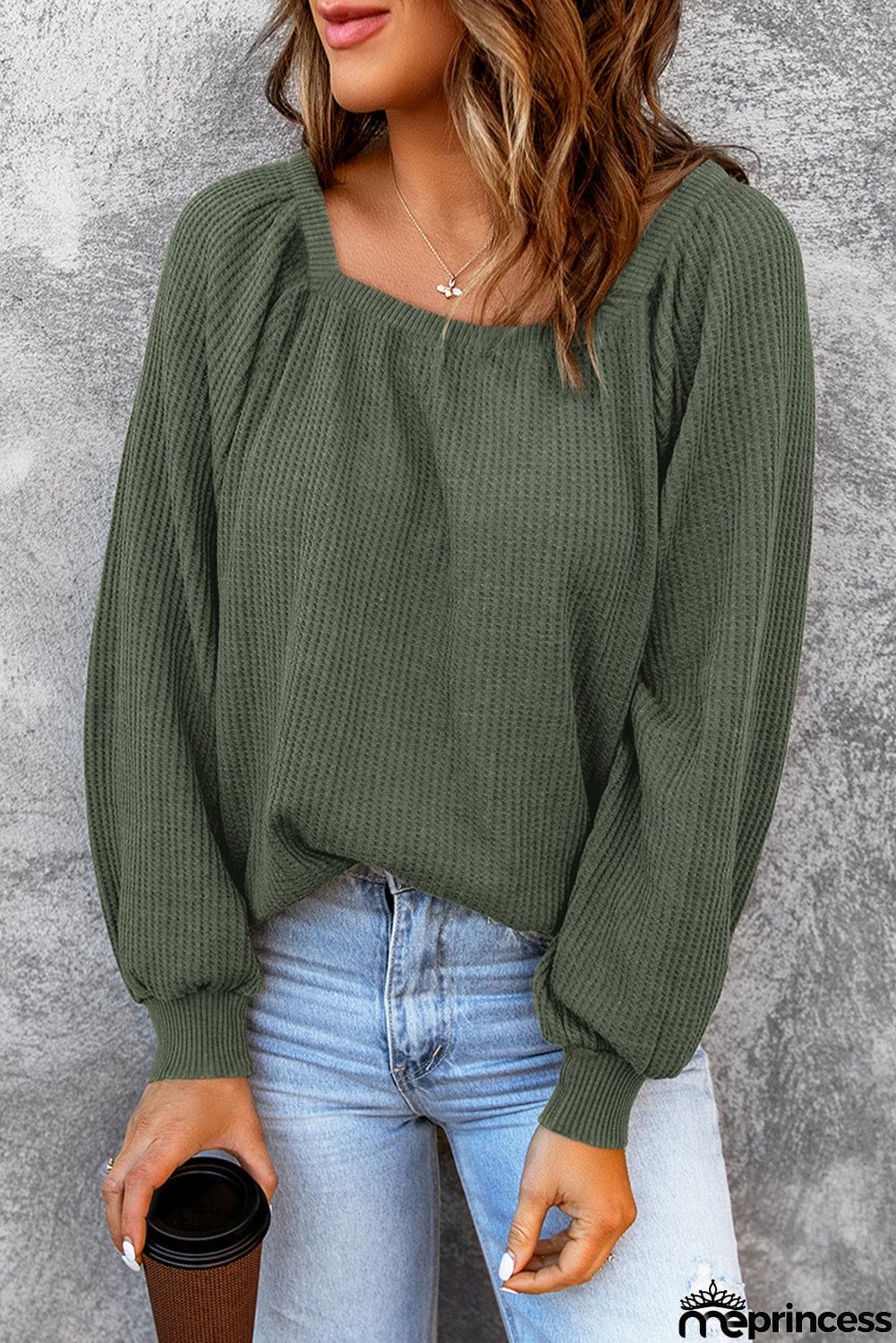 Scoop Neck Puff Sleeve Waffle Knit Top