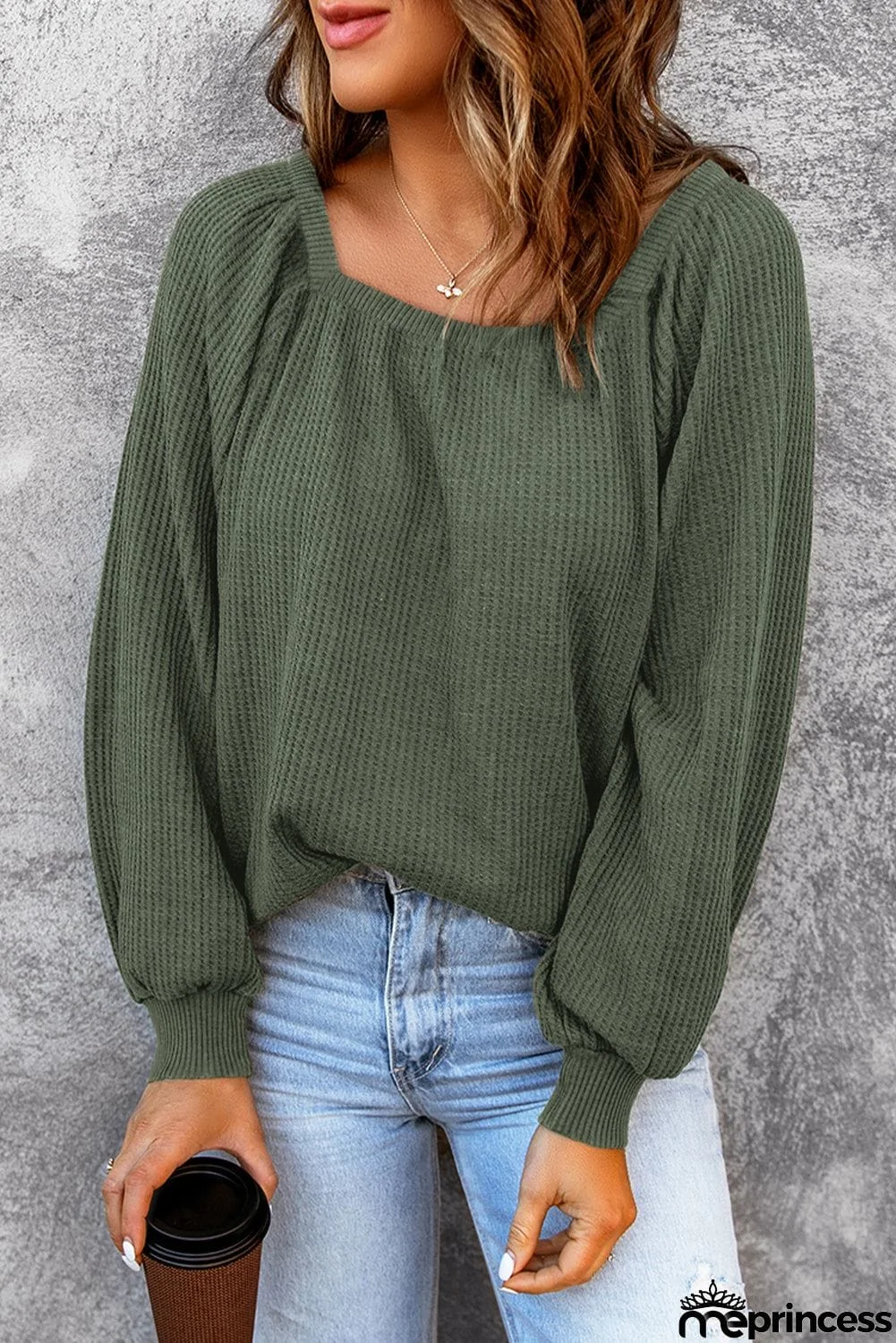 Scoop Neck Puff Sleeve Waffle Knit Top