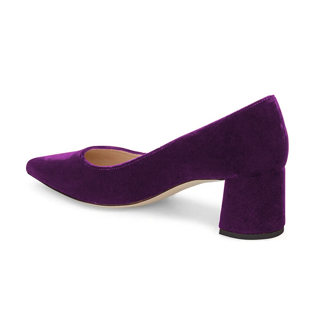 Velvet Sophisticated Block Heel Elegant Pumps in Dark Purple 