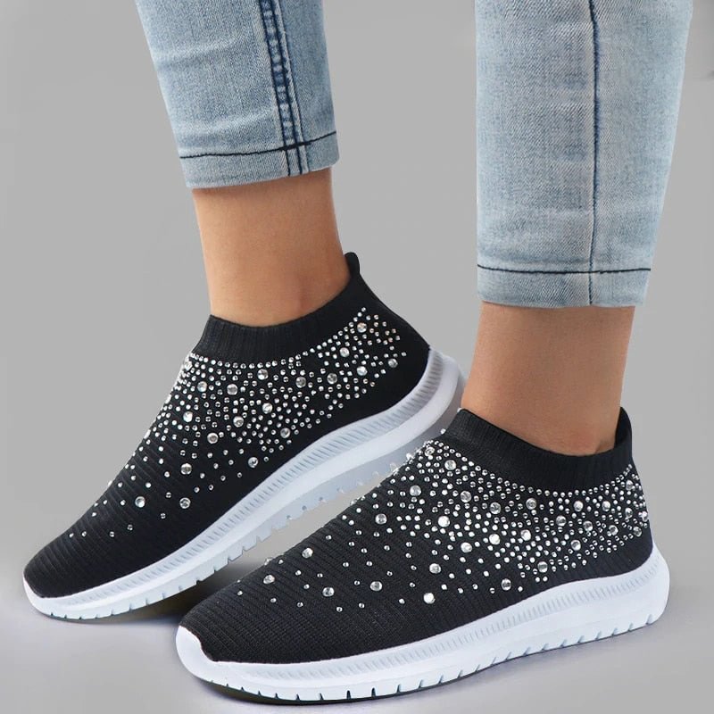Shining Crystal Flats Shoes For Women Plus Size Breathable Mesh White Sneakers Woman 2022 Spring Summer Soft Sole Sports Shoes