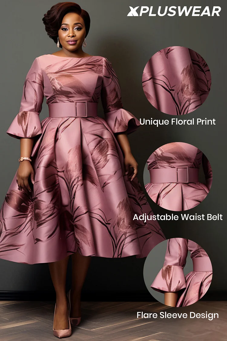 Xpluswear Design Plus Size Mother Of The Bride Pink Graphic Flare 3/4 Sleeve Pocket Satin Midi Dresses