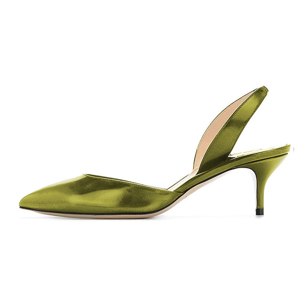 Olive Patent Leather Pointed Toe Slingback Kitten Heel Pumps