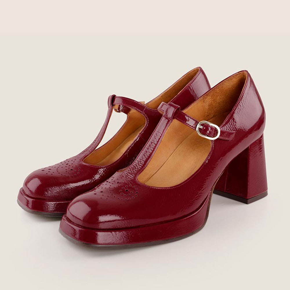 Maroon Buckle T-Strap Square Toe Chunky Heel Platform Pumps for Women Nicepairs