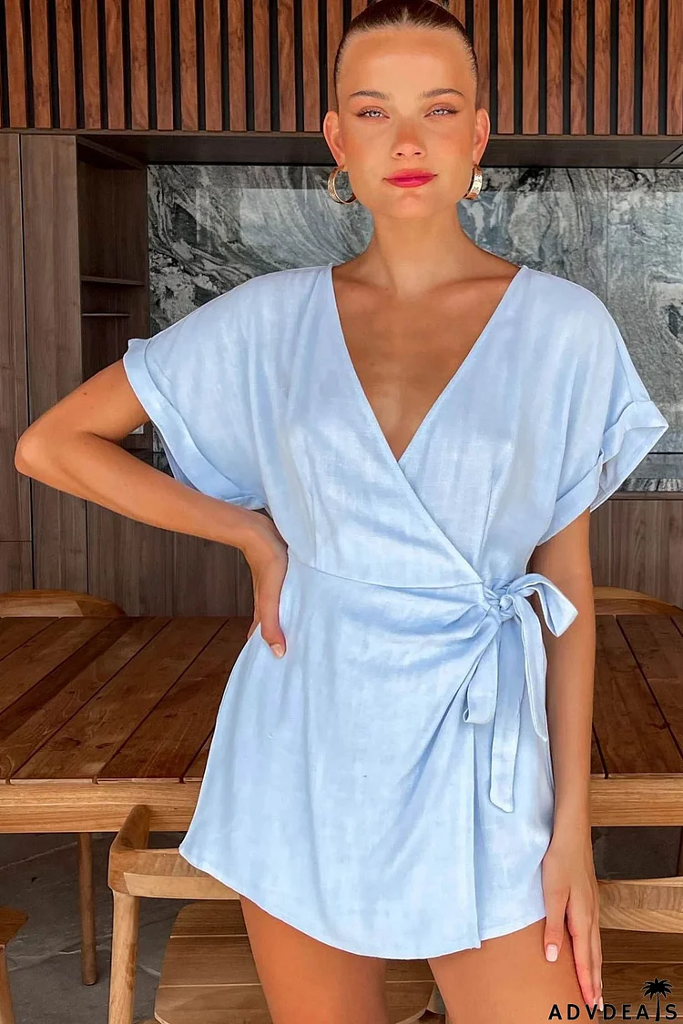 Solid Color V Neck Tie-waist Rompers