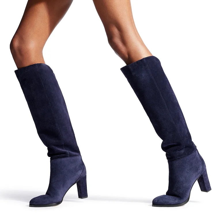 Suede Navy Blue Knee High Long Boots with Round Toe and Chunky Heels Vdcoo