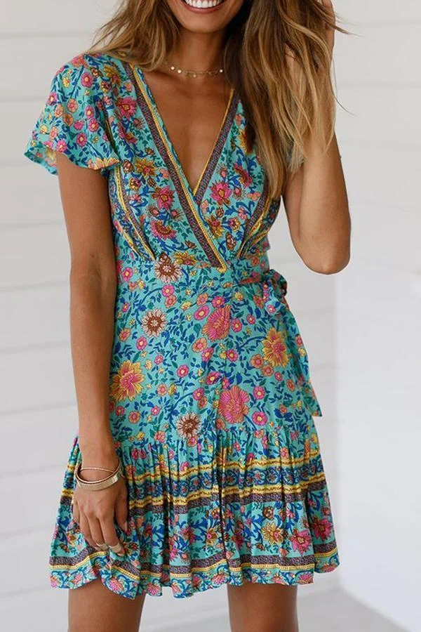 Womens Bohemian Print Skirt With Short Sleeves Tie-Allyzone-Allyzone