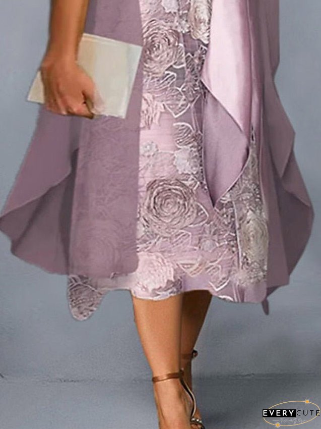 Women's Dress - Plus Size Casual Dress Dress Set Two Piece Dress Floral Midi Dress 3/4 Length Sleeve Crew Neck Fashion Daily Pink Wine Summer Spring L XL XXL 3XL 4XL