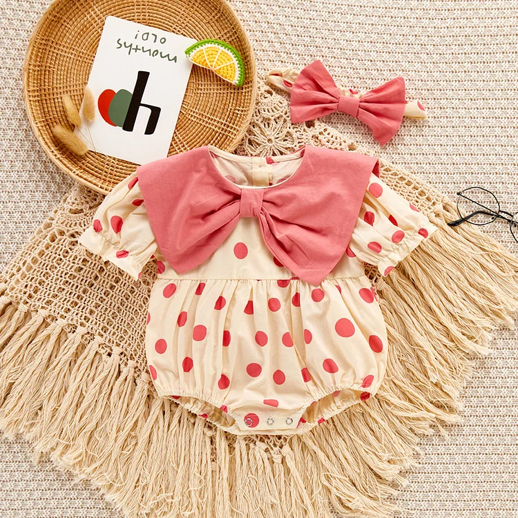 2pcs Summer 95% Cotton Baby Girl Sweet Ruffle Collar Polka Dot Hat Bodysuit / Dress Set