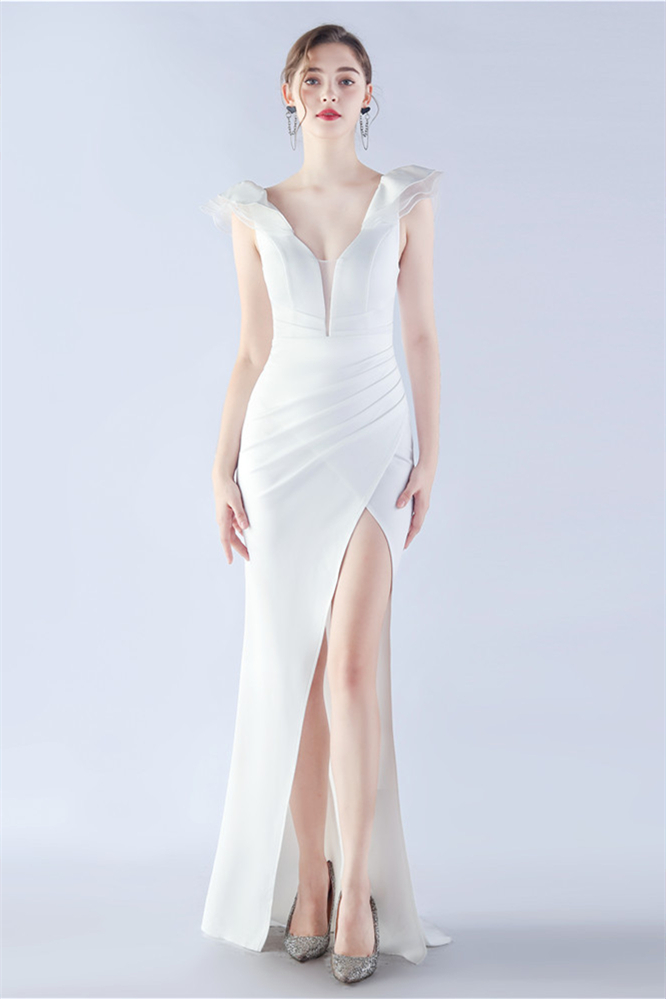 Bellasprom Off-the-Shoulder Front Split Prom Dress Mermaid V-Neck Ruffle Sleeves Bellasprom