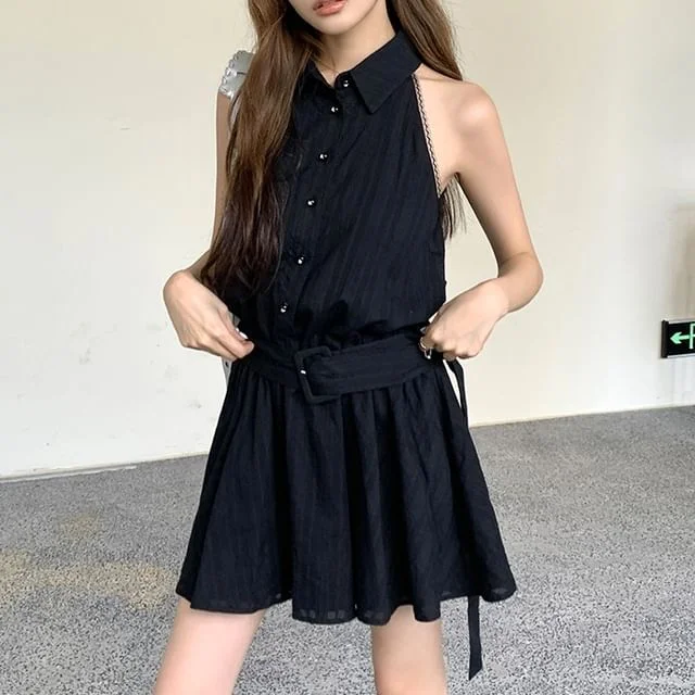 Mini Belted Collared A-Line Dress Sleeveless Striped