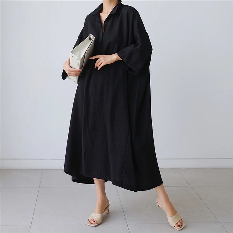 Vintage Loose Linen Bat Sleeve Midi Dress