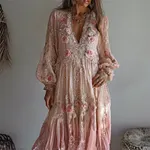 Boho Pink Roses Lace Flowy Linen Maxi Dress - Image 2