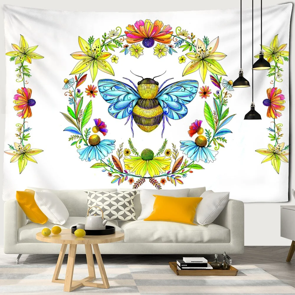 Plants Honeybee Tapestry Wall Hanging Bohemian Beach Mat Polyester Blanket Yoga Mat Home Bedroom Art Decor Custom Psychedelic