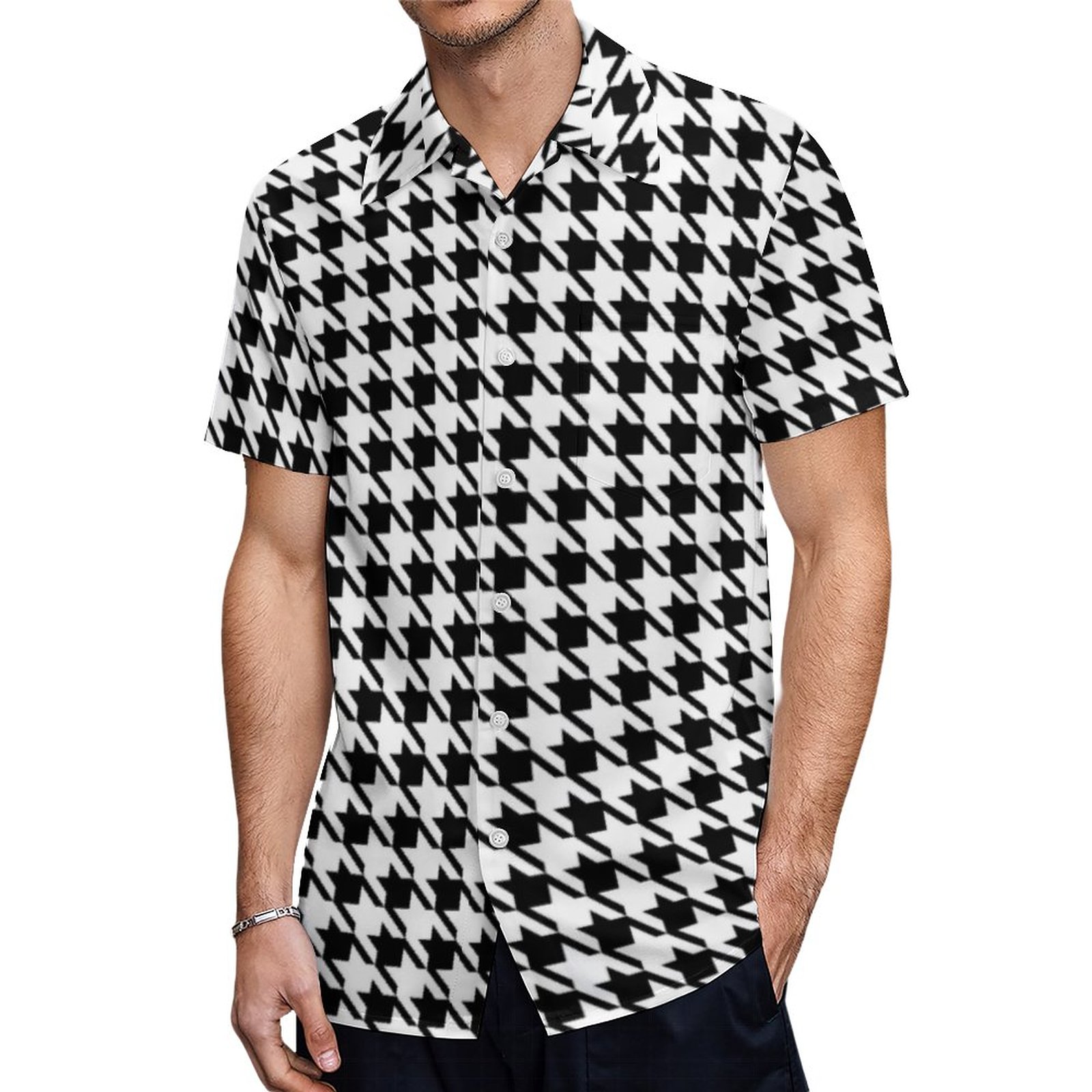 Retro Rockabilly Black Houndstooth Hawaiian Shirt Mens Button Down Plus Size Tropical Hawaii Beach Shirts