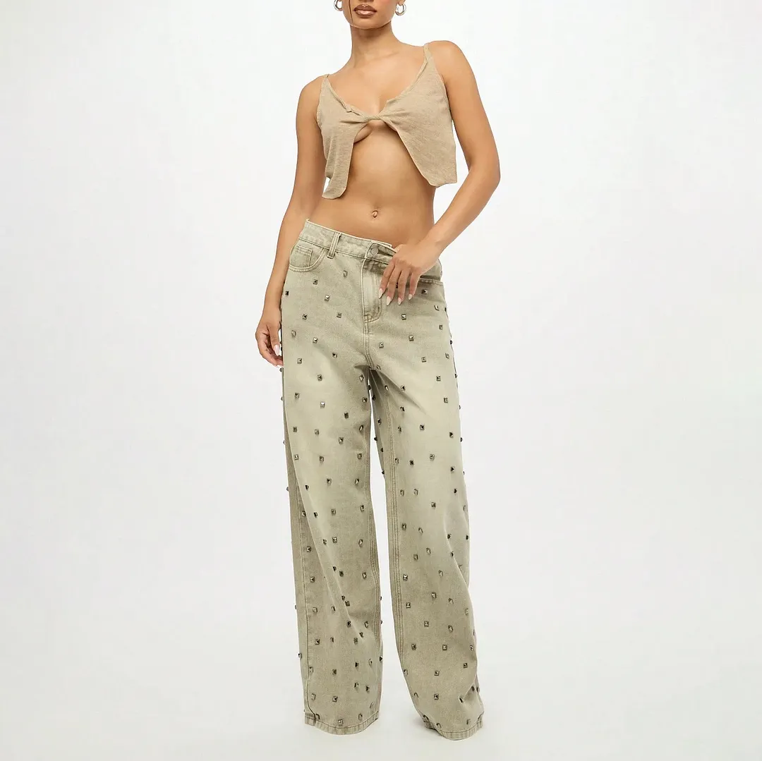 Athvotar Athvotar Wind Metal Nails Babes Cowboy Cowgirl Low-Rise Straight Hottie Full Diamond Retro Trousers