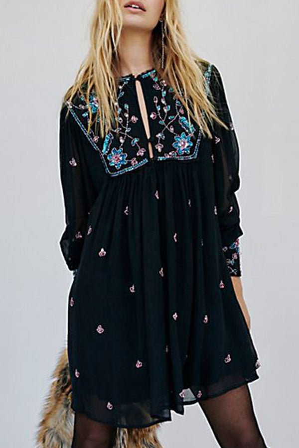 Black Embroidered Cutout Chiffon Mini Dress - Life is Beautiful for You - SheChoic