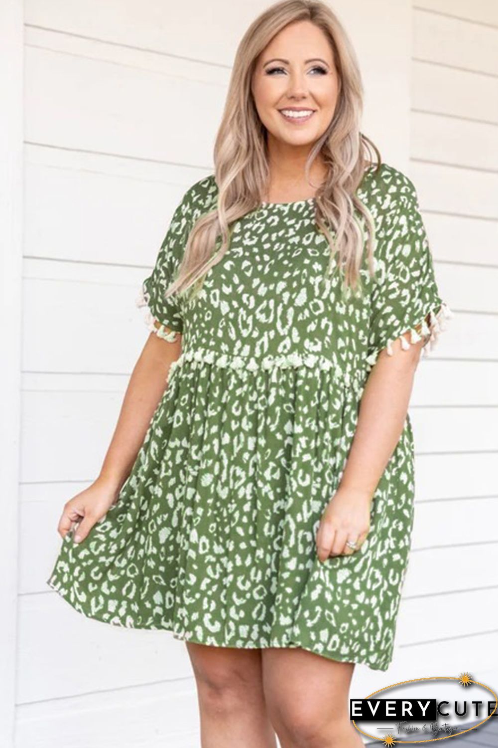 Green Plus Size Leopard Tassel Dress