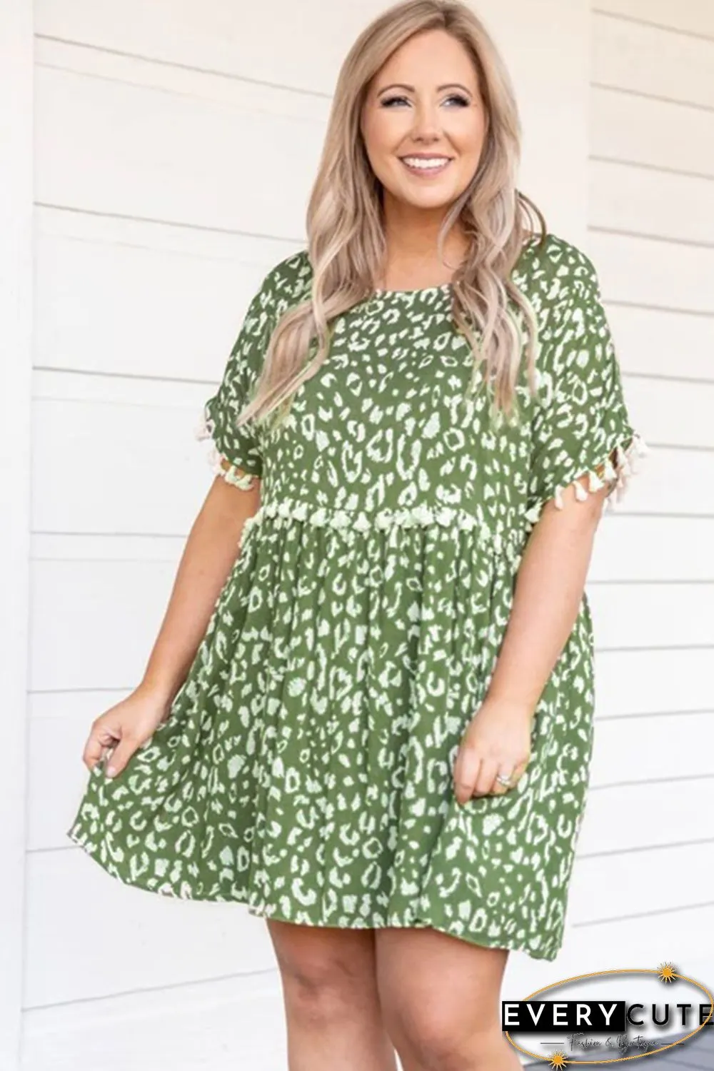 Green Plus Size Leopard Tassel Dress