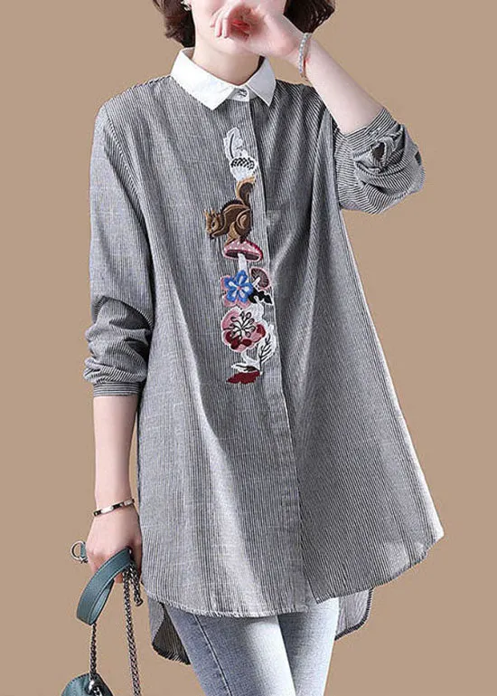 Casual Grey Embroideried button Striped Patchwork Shirt Spring