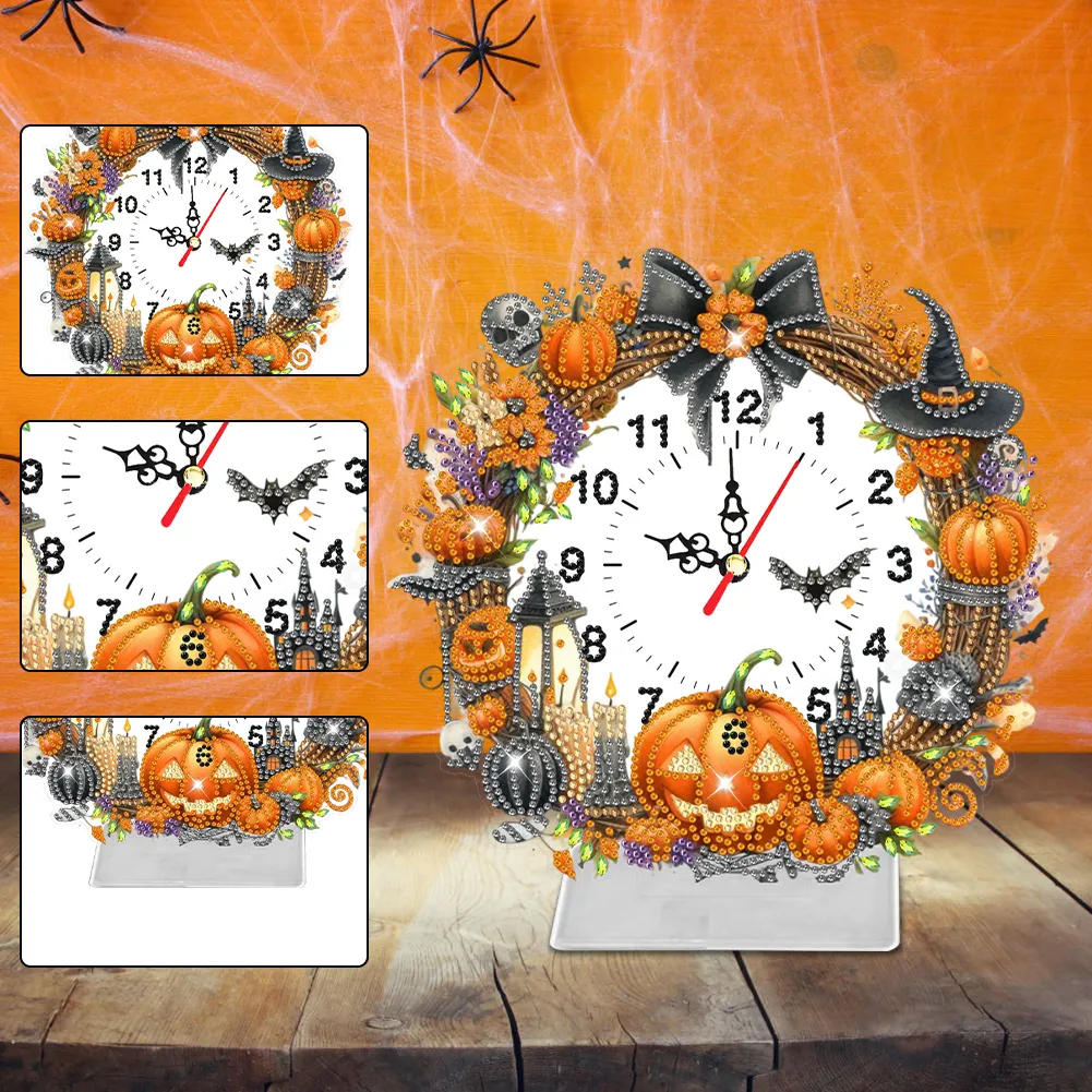 DIY Halloween Pumpkin Acrylic Special Shaped Diamond Painting Clock Desktop Decor