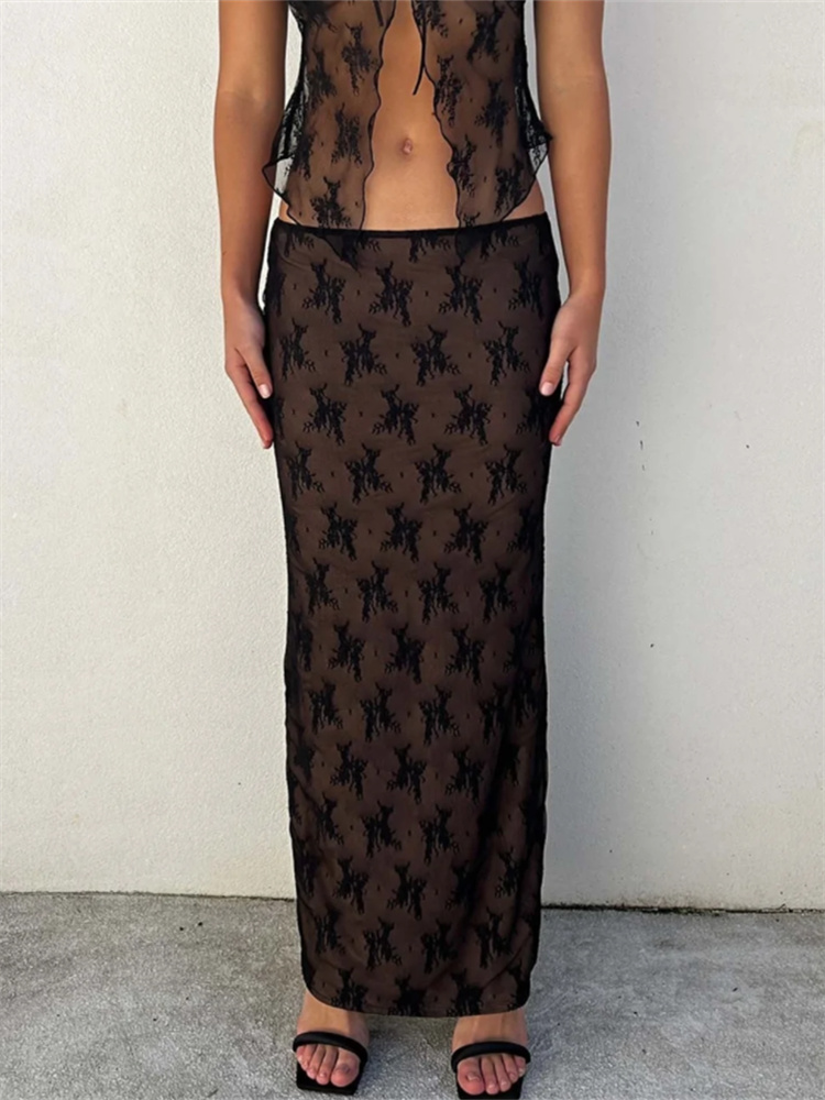 Toss Lace Embroidery Maxi Skirts Summer Casual Low Waist Double-Layer Mesh Slim Y2k Long Skirts For Women 2025 White Skirt Set