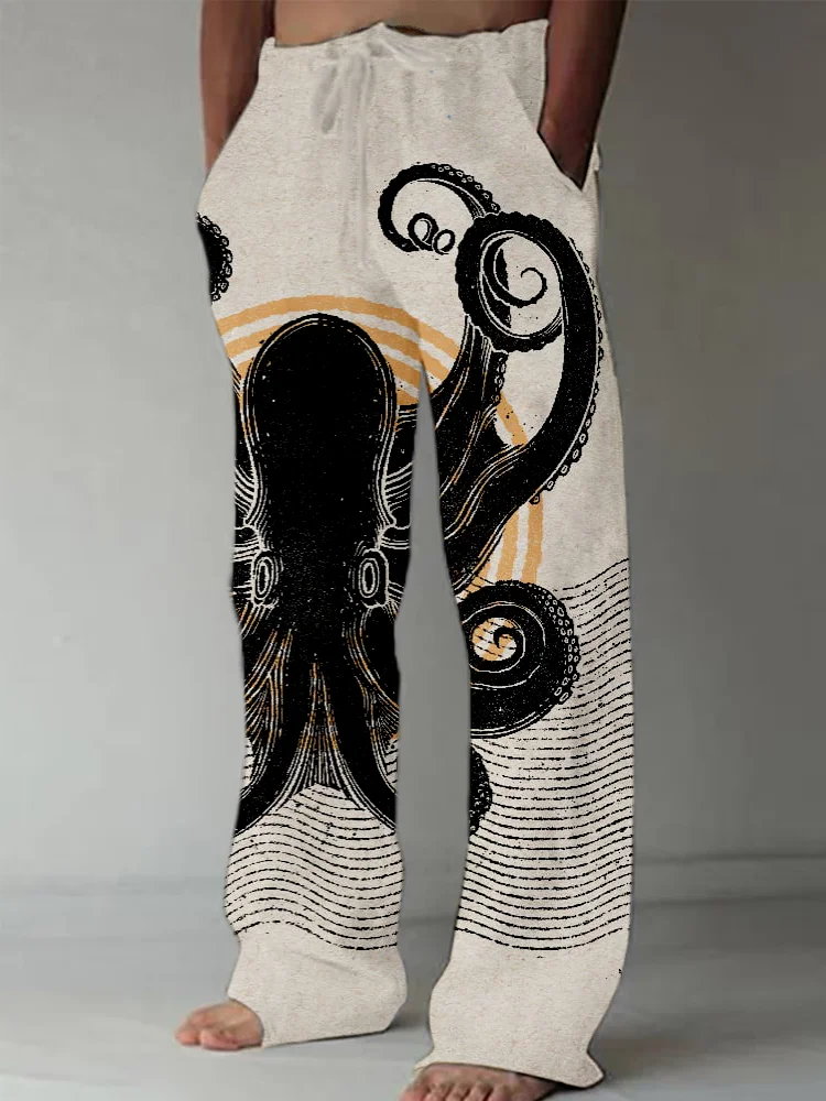 Vintage Octopus Art Linen Blend Casual Pants